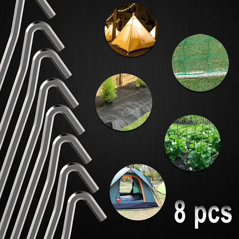8 Pieces Metal Heavy Duty Tent Pegs with Hooks
