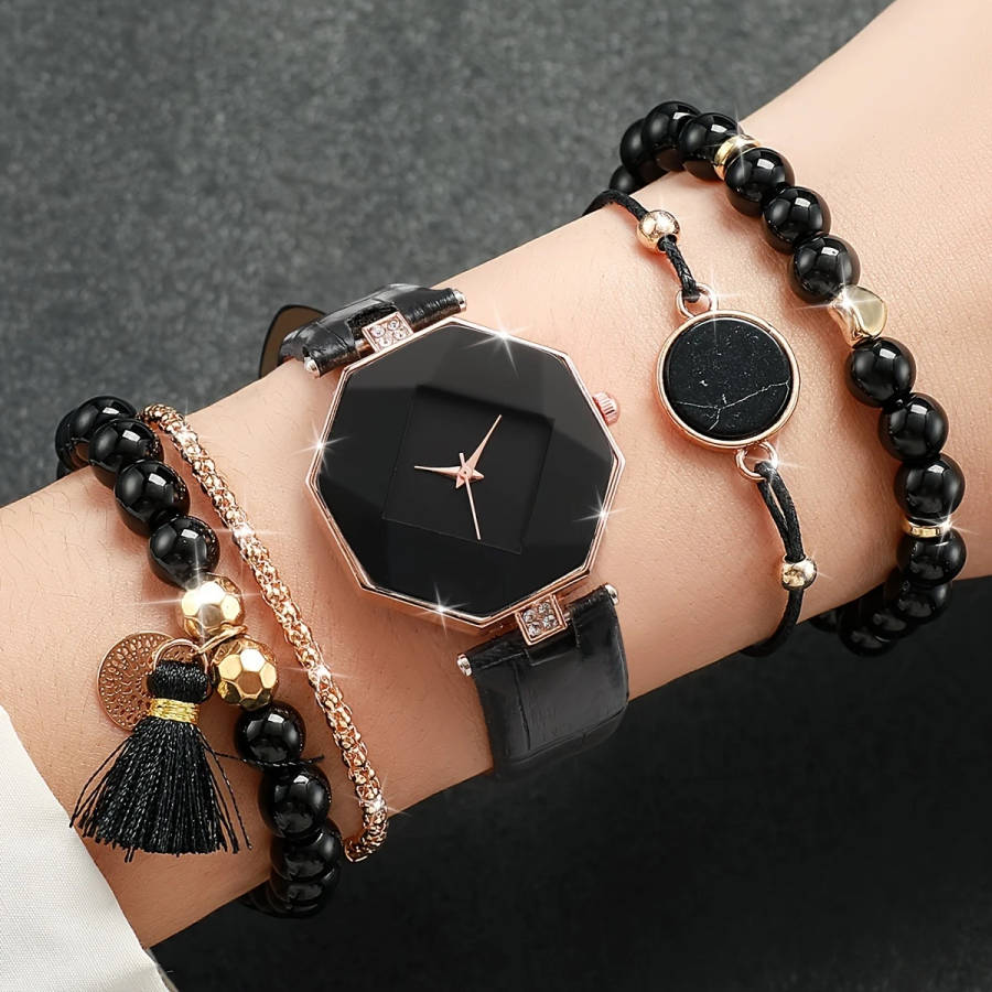 5pcs set Women's Fashion Rhombus Dial Quartz Watch Bracelet Set Does Not Include Watch Box