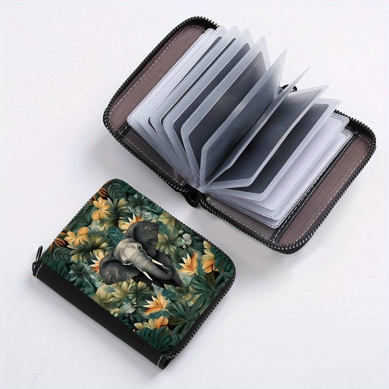 1pc Jungle Elephant Print Clutch Bag Casual Zipper Card Holder with 24 Card Slots Multi-card