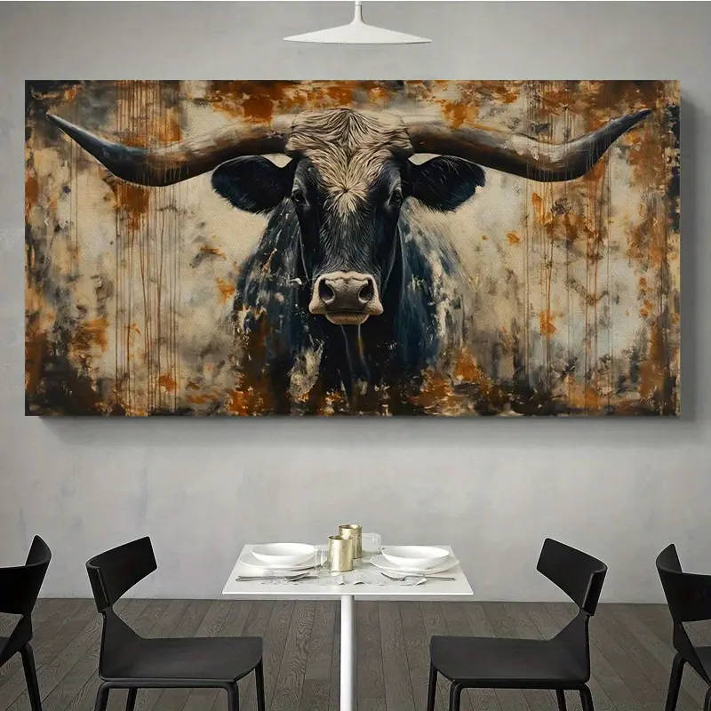 Rustic Longhorn Bull Canvas Art Print - Modern Farmhouse Wall Decor, Unframed