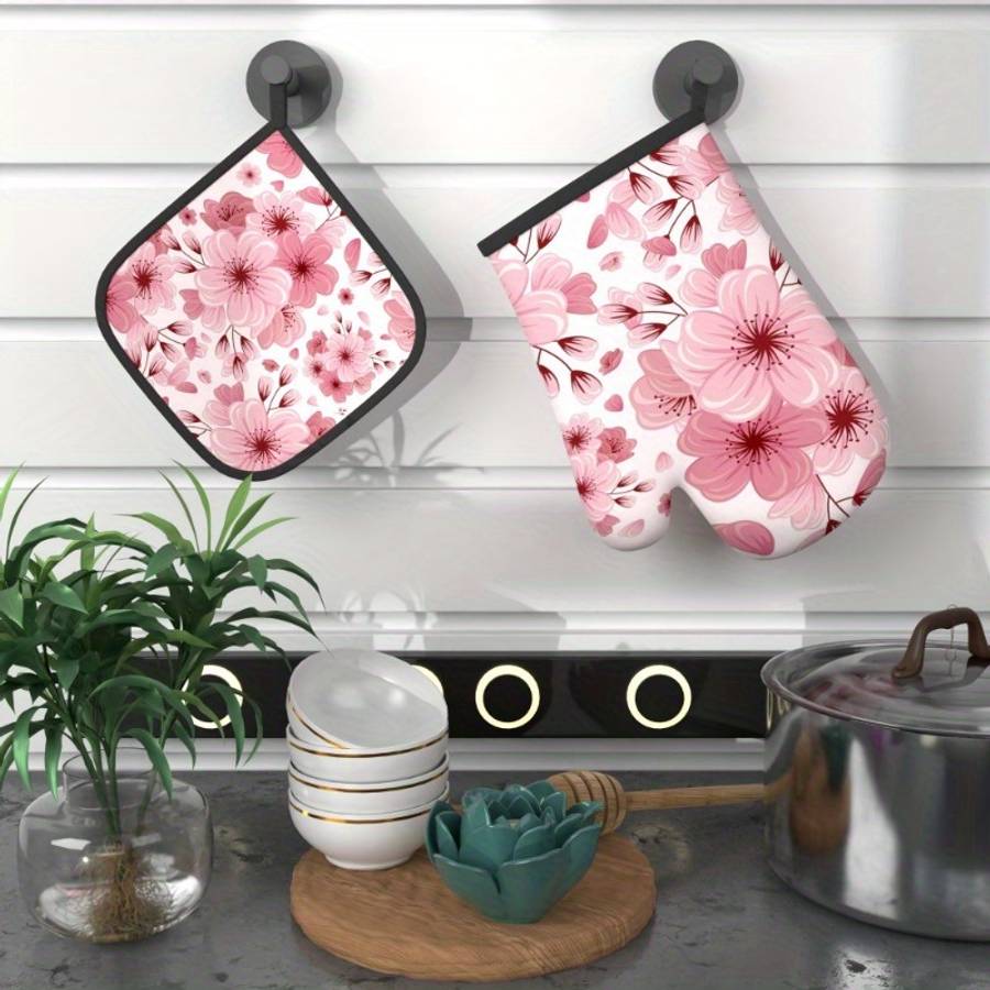 2pcs Pink Cherry Blossom Oven Mitts Pot Holders (26.92x17.02cm) Heat Resistant Polyester