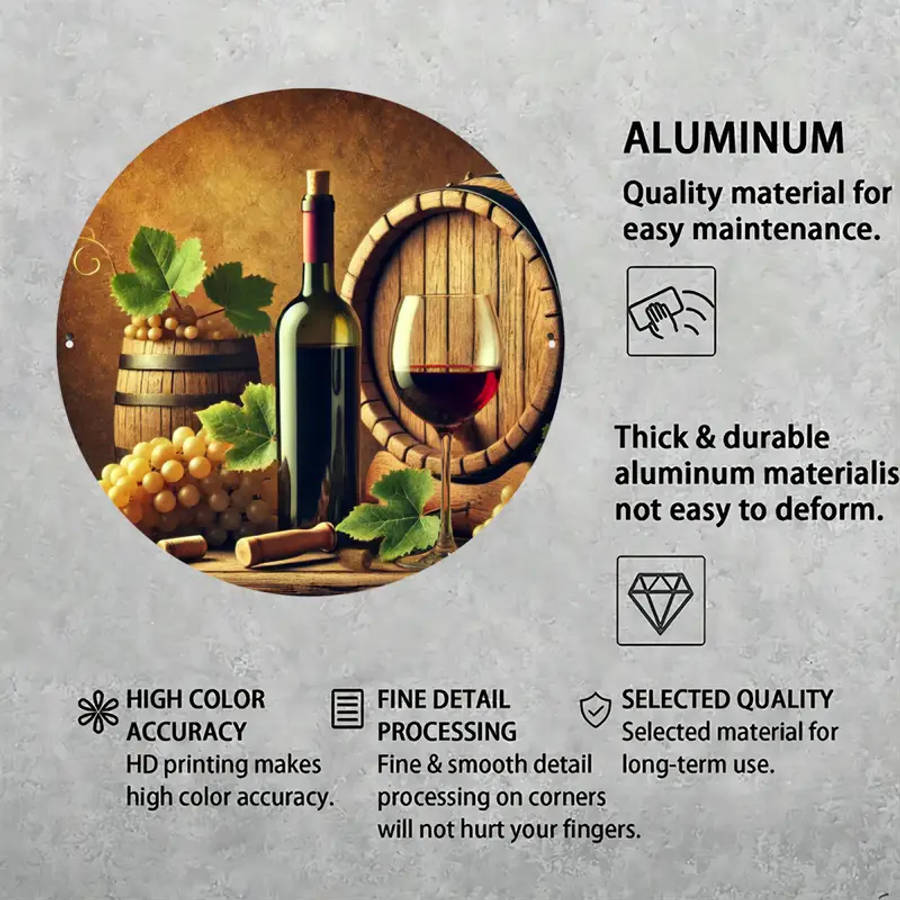 Vintage-Themed Grape And Barrel 2D Round Aluminum Sign High-Definition Foil Engraving Wall Decor