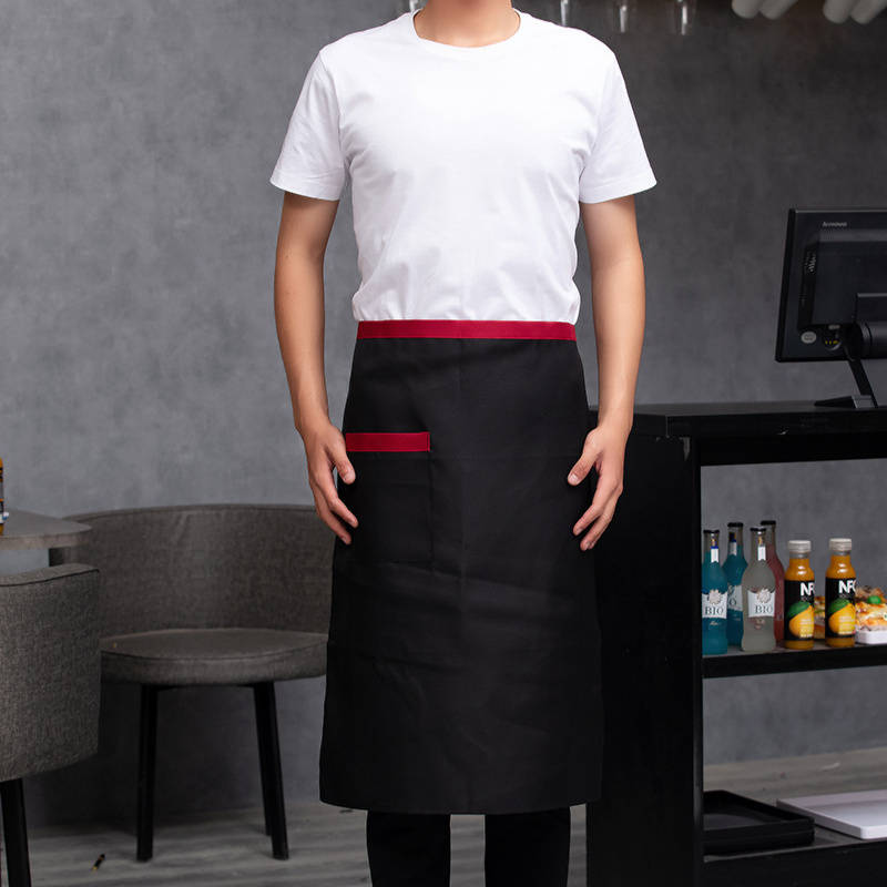 1pc Men's Black Canvas Chef Apron with Red Stripe Half-Length Server Kitchen Work Apron Durabl