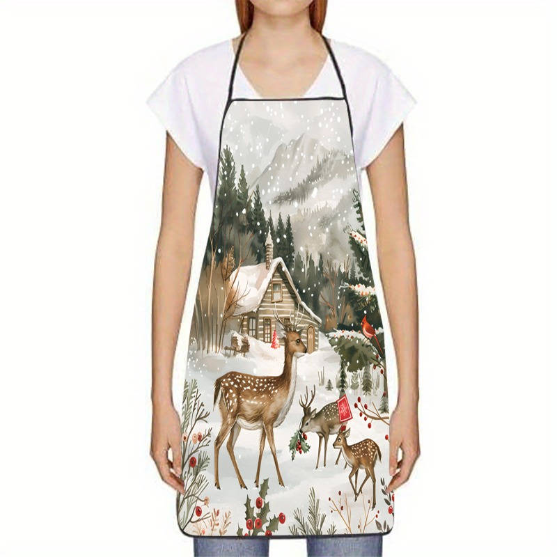 1pc Winter Scene with Deer And Cabin Printed Sleeveless Polyester Apron for Home Kitchen Bak