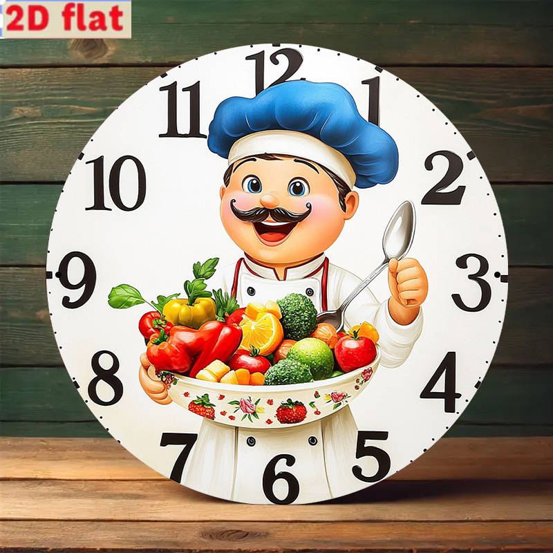 1pc Vintage Kitchen Wall Clock Cartoon Chef and Vegetable Design High-Definition Not real clock