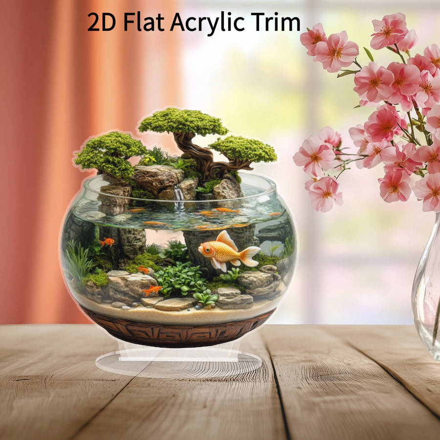 1pc 2D Flat  Acrylic Trim 8-Inch Glass Container with Golden Fish and Artificial Mountain Landscape