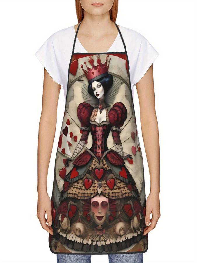 1pc Vintage-Inspired Playing Card Queen Kitchen Apron Polyester Red and White Adjustable Ties