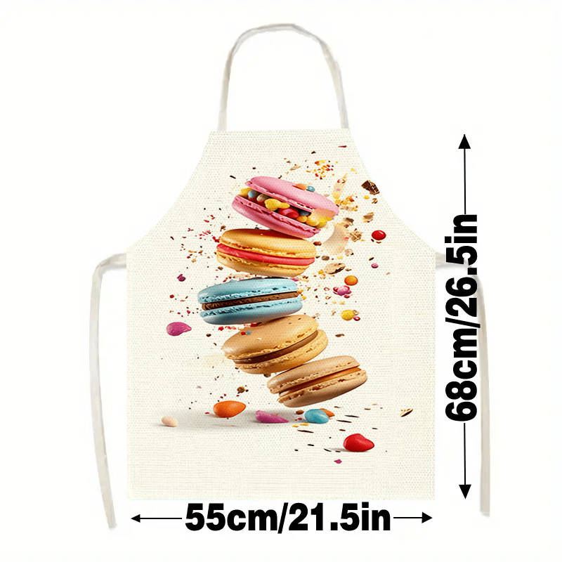 1pc Chic Linen Apron Large Size Cute Macaron Dessert Print Sleeveless Durable Kitchen Wear for