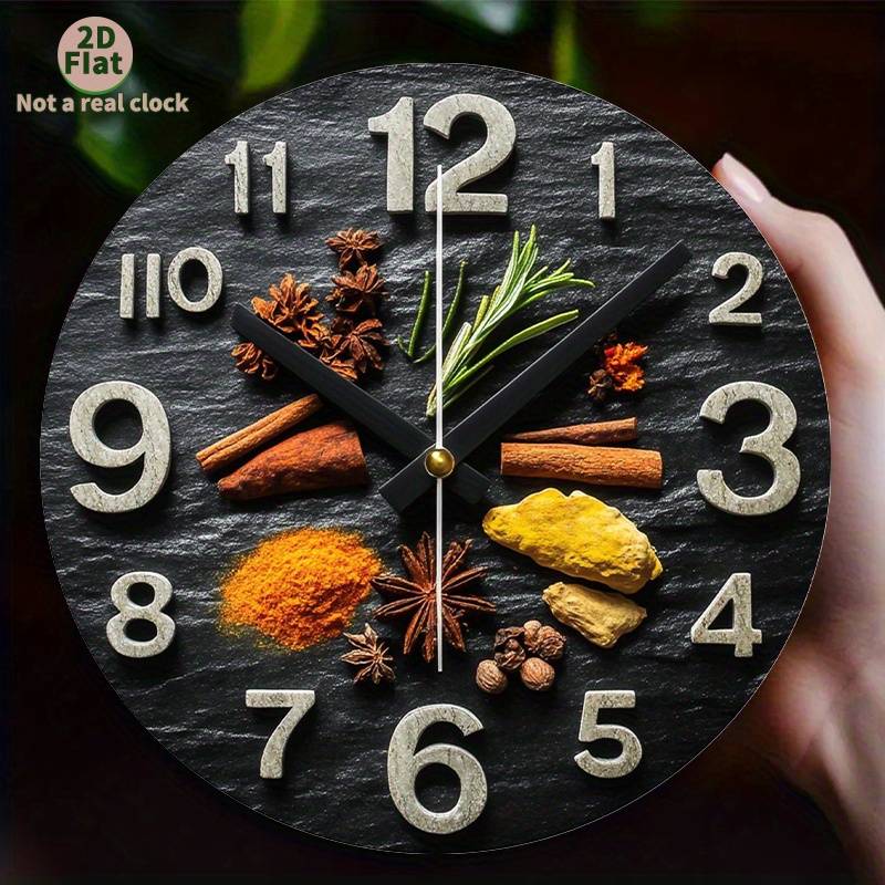 1pc 2D Flat Non-Real Clock Modern Spice-Themed Wall Clock with Black Glossy Stone Design Aluminum