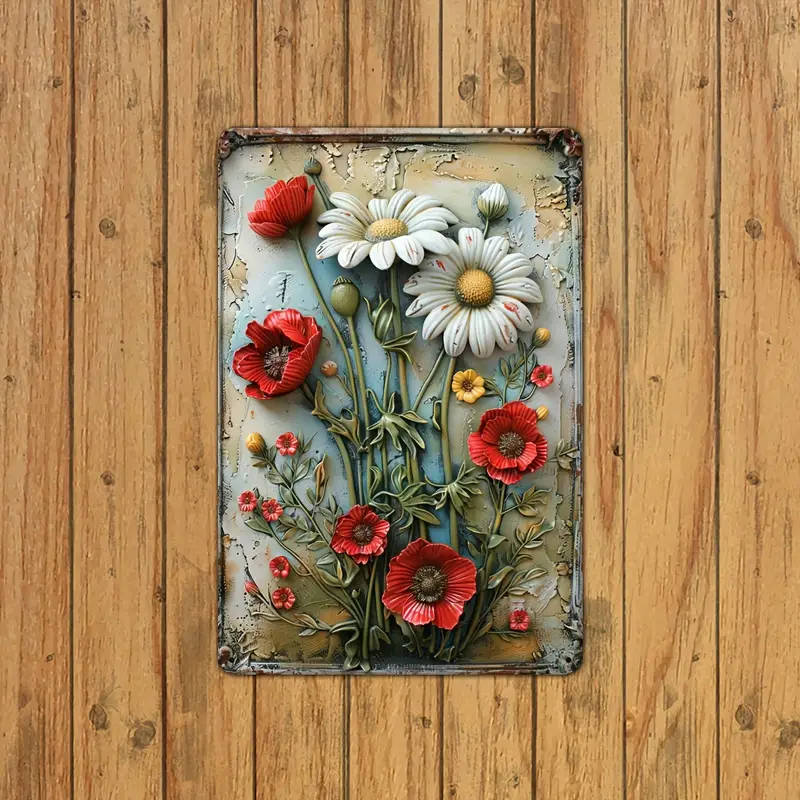 1pc Vintage Floral Iron Wall Art 29.97x19.81cm Retro Daisy Metal Plaque with 3D Embossed Design Rust