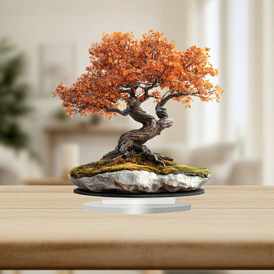 2D Flat Acrylic Bonsai Tree With Golden Leaves Sturdy Stone Base Bohemian-Style De