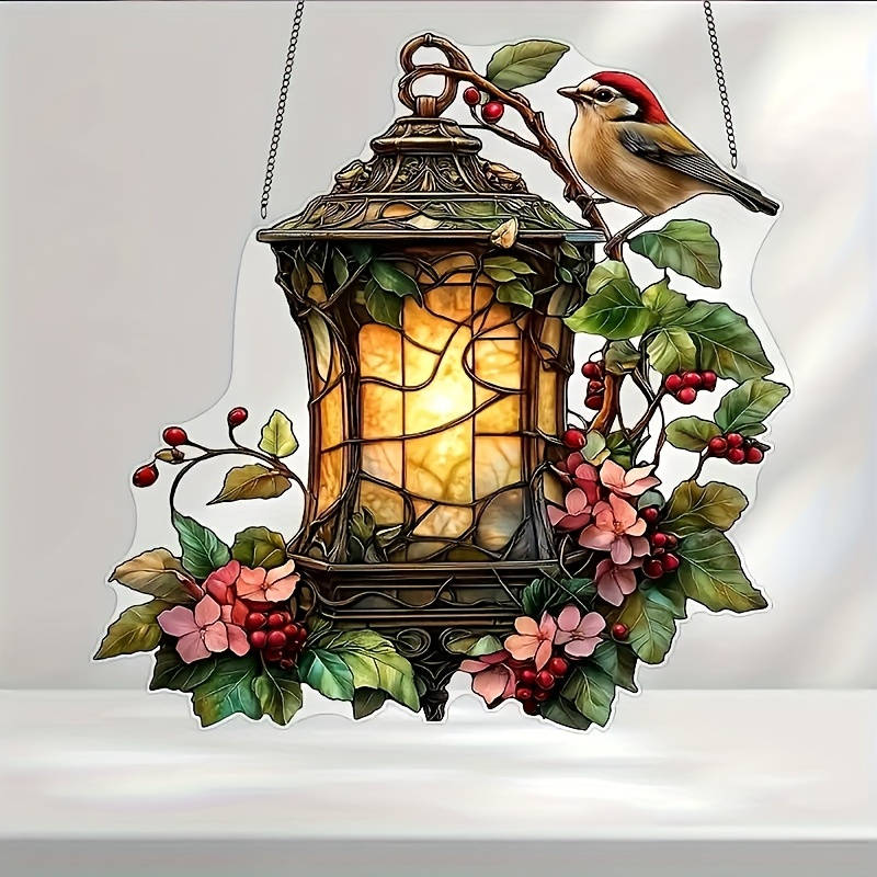 1pc 2D Flat  Charming Bird and Lantern Colorful Acrylic Pendant 5.9X5.9  Acrylic Garden-Them