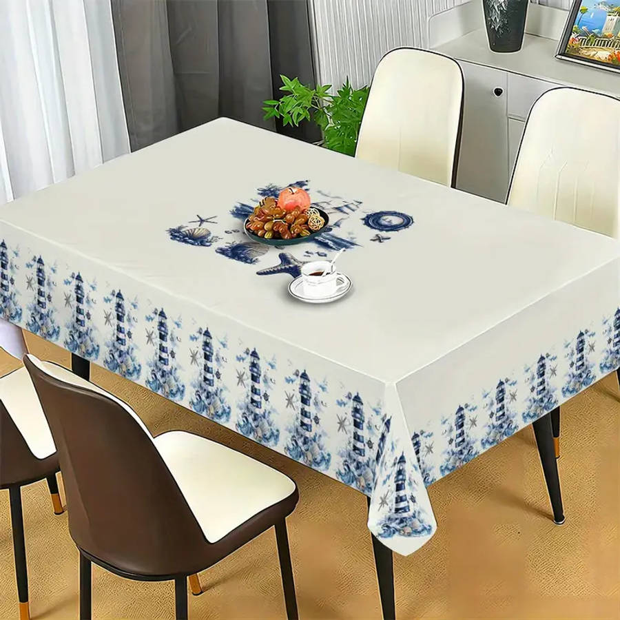 Sailboat Starfish Shell Lighthouse Pattern Table Runner Size 140X180Cm Ocean Theme Polyester