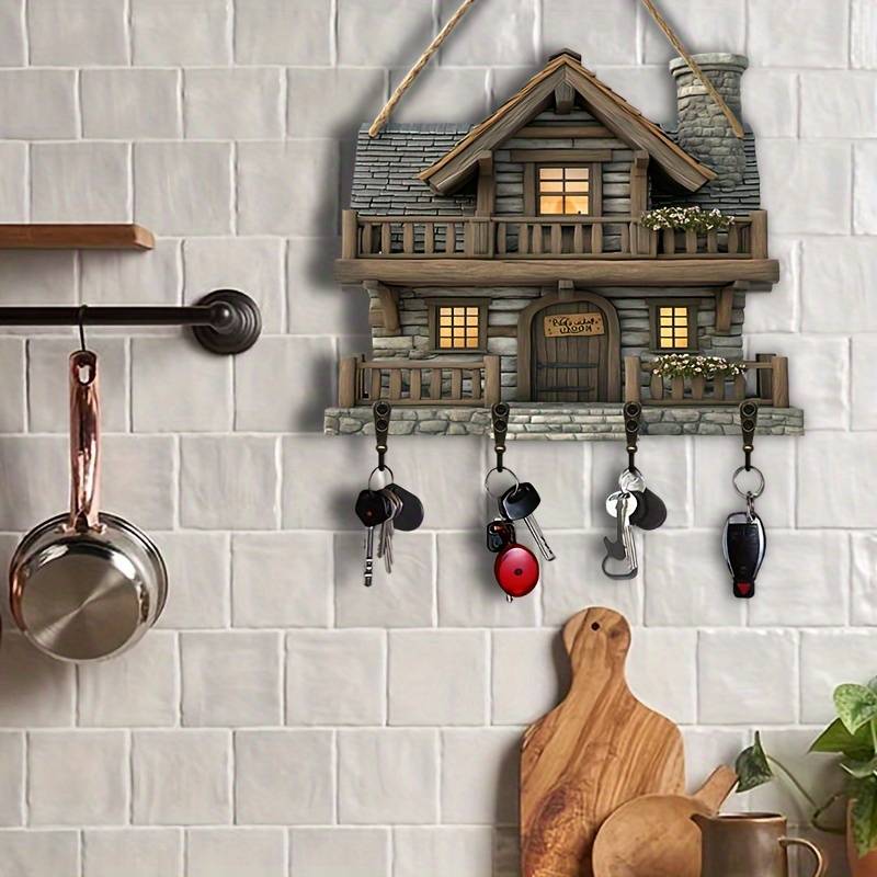 Charming Vintage Wooden Key Rack with 4 Metal HooksRustic Wall-Mounted Decorative Entryway Organi