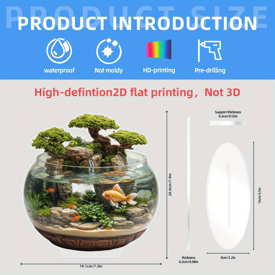 1pc 2D Flat  Acrylic Trim 8-Inch Glass Container with Golden Fish and Artificial Mountain Landscape