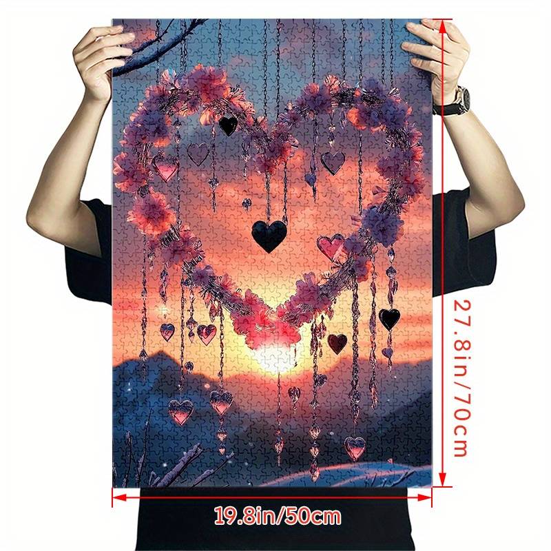 1000pcs Sunset Heart Jigsaw Puzzle Scenic Mountain Landscape with Pink Flower Hea