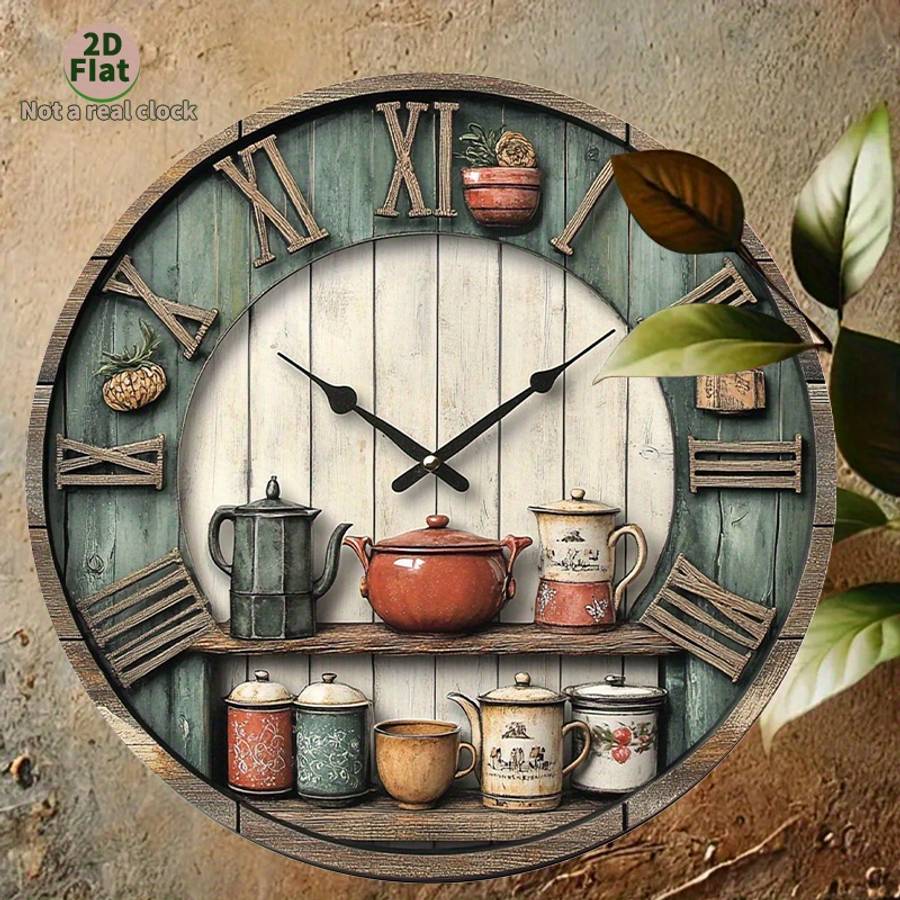 1pc 2D Flat Rustic Farmhouse Kitchen Wall Clock 2D Flat Non-Real Clock Design Vintage Country S