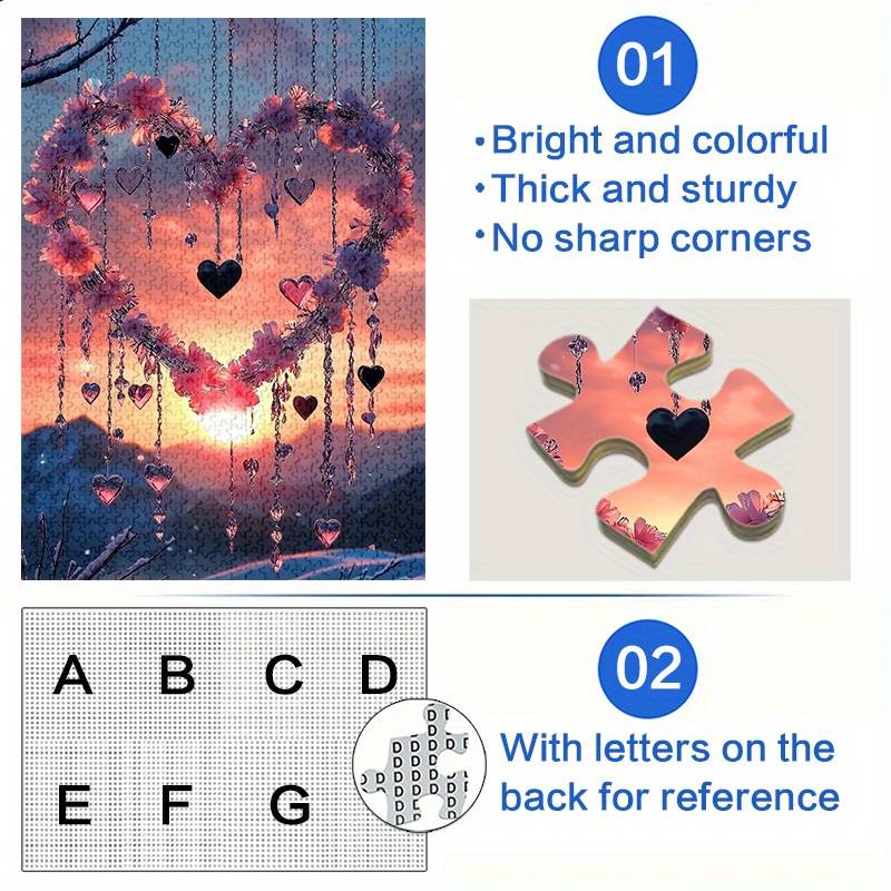 1000pcs Sunset Heart Jigsaw Puzzle Scenic Mountain Landscape with Pink Flower Hea
