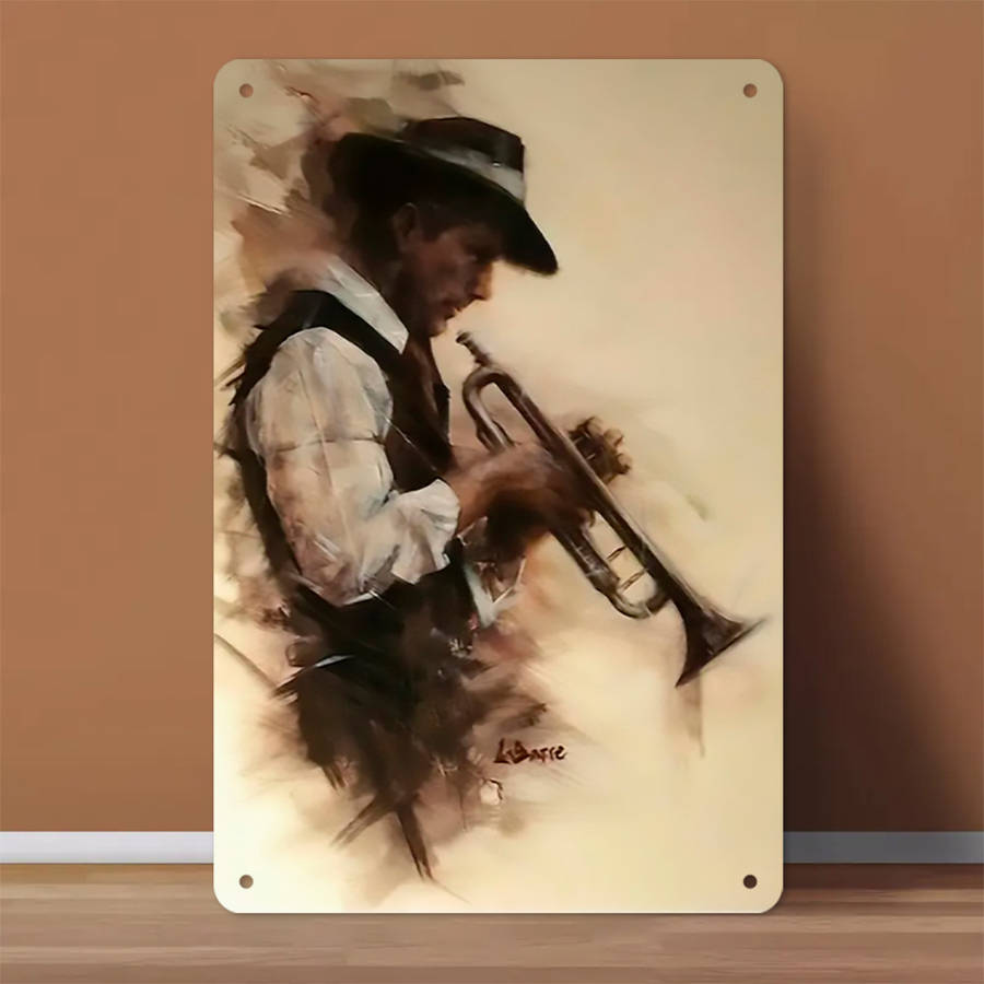 Vintage Abstract Trumpet Player Iron Wall Art Sign 20.32x30.48 cm Rustic Decorative Plaque fo