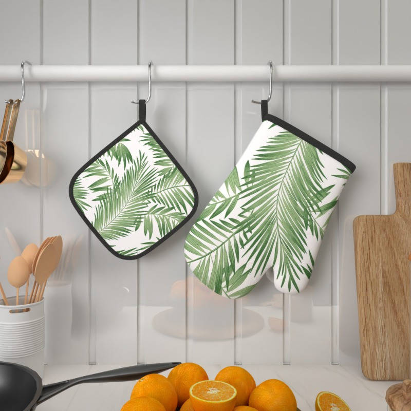 2pcs Summer Green Leaves Oven Mitts Pot Holders Set 26.92x17.02cm Heat Resistant Machine W
