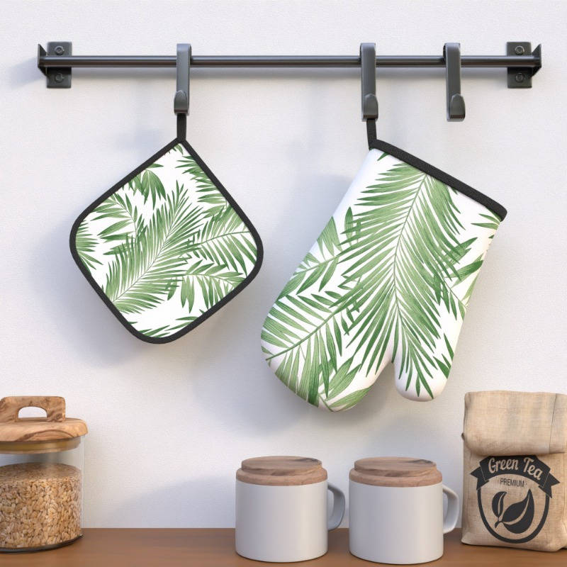 2pcs Summer Green Leaves Oven Mitts Pot Holders Set 26.92x17.02cm Heat Resistant Machine W