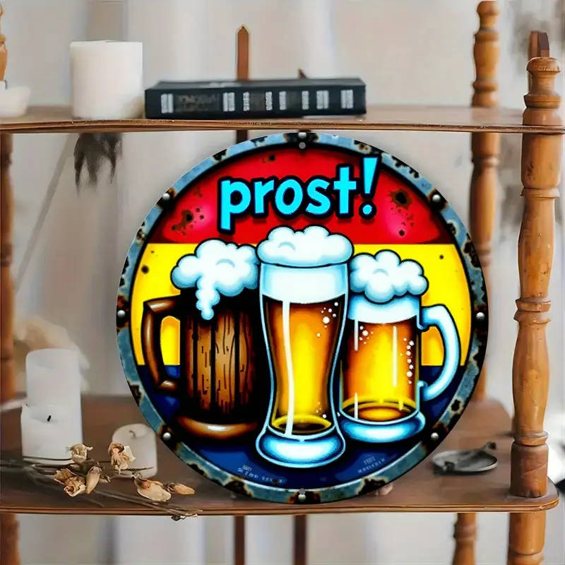 1pc Festive Beer Mug Metal Sign 20.32x20.32cm Round Aluminum Wall Art with Prost Greeting Ideal for