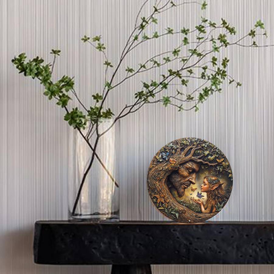 2D Flat 20.32X20.32Cm Round Wooden Wall Art Vintage Tree And Flower Fairy Sign