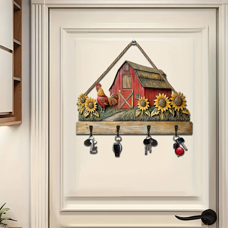 1pc Warm Sunflower Farm- Household Wooden Keychain( 29.97cm X 24.99cm) with Four Metal Hooks- Mult