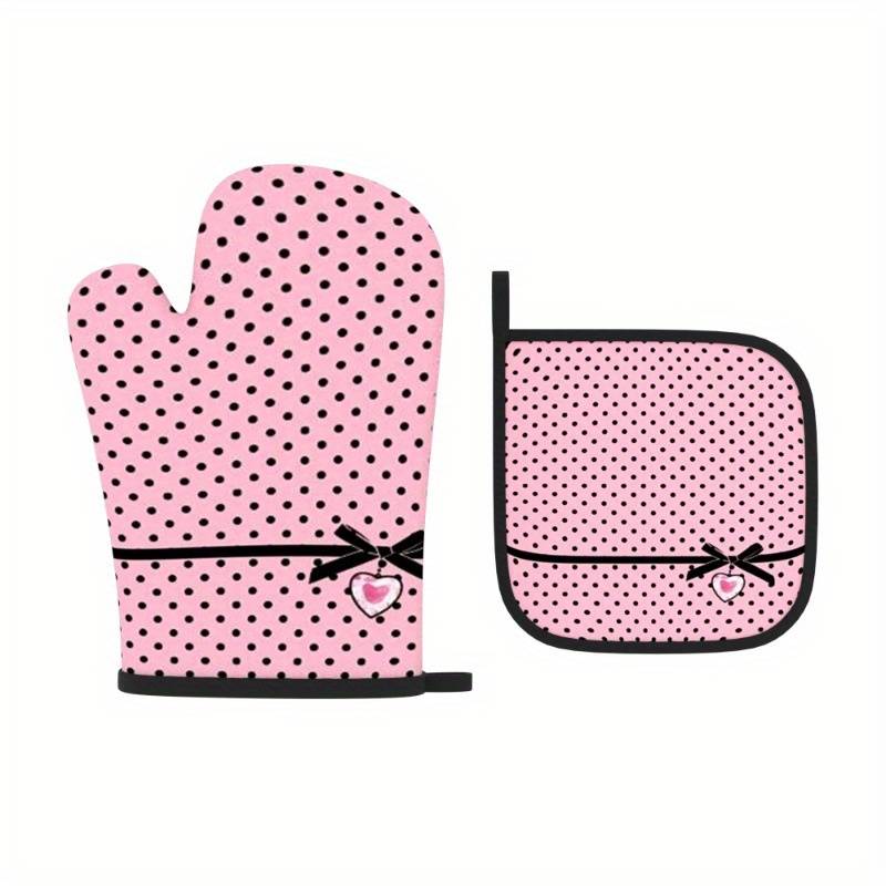 2pcs Chic Pink Polka Dot Oven Mitts Pot Holders with Heart Bow Detail Heat Resistant Machi