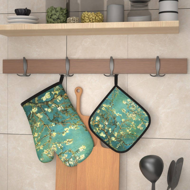 2pcs Blooming Almond Tree Branches Oven Mitt Set Heat Resistant Polyester Kitchen Gloves and P