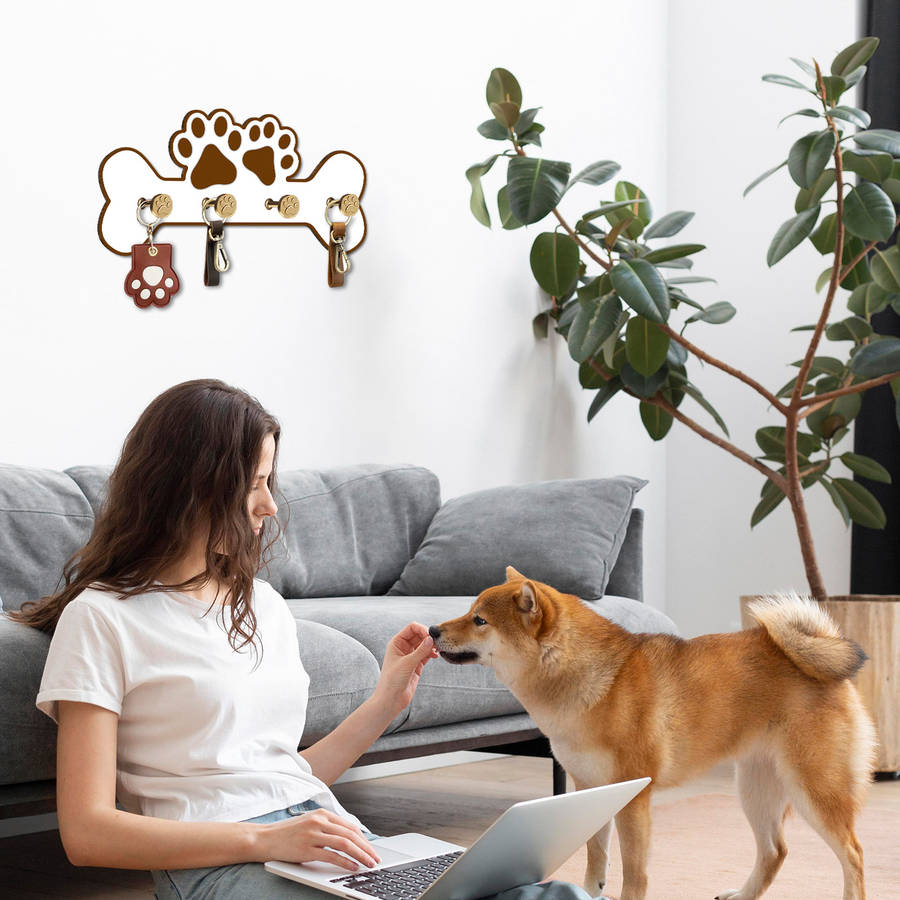 Charming Wooden Dog Paw Bone Design Wall Hanger With 4 Hookskey Leash Organizer Perfect