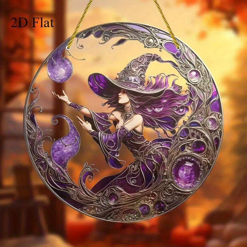 1pc 2D Flat   5.99cm Round HD Magic Witch Window Hanger Perfect Gift for Halloween Sisters o