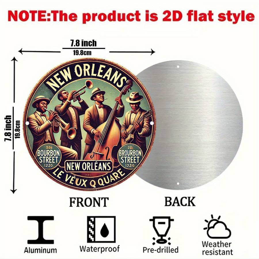 1pc 2D Flat Vintage New Orleans Jazz Band 2D Aluminum Wall Art Rustic Round Decorative Plaque w