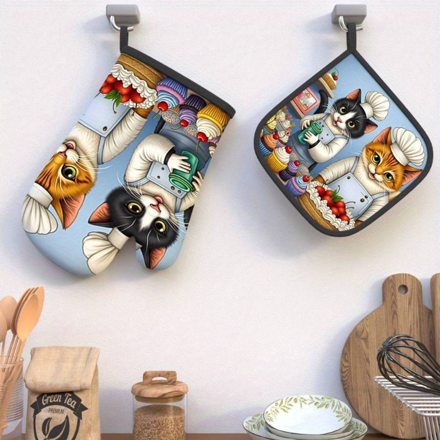 2pcs Cute Cat Chef Oven Mitts Heat Resistant 10.6x6.7 Inch Polyester Kitchen Gloves for Cook