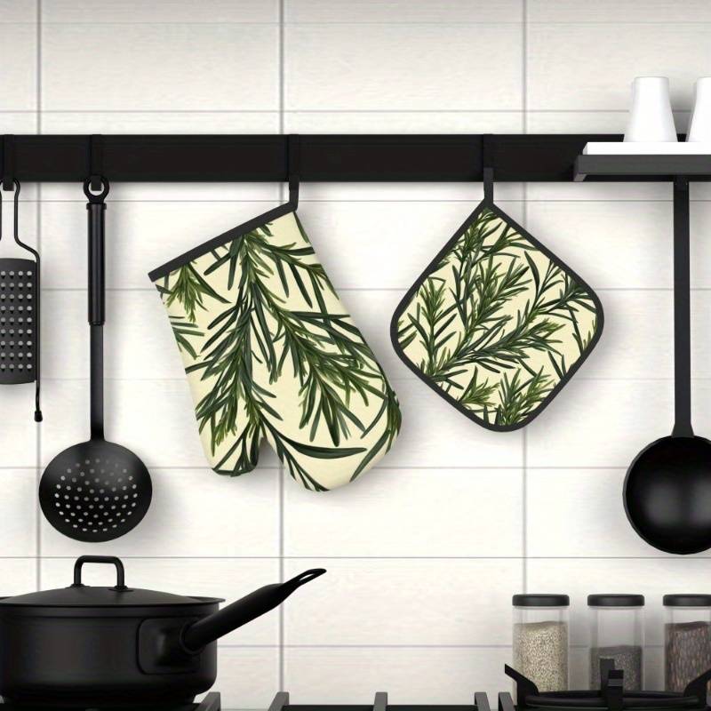 2pcs Botanical Print Oven Mitts Pot Holders Heat-Resistant 26.92x17.02cm Green Plant Desi