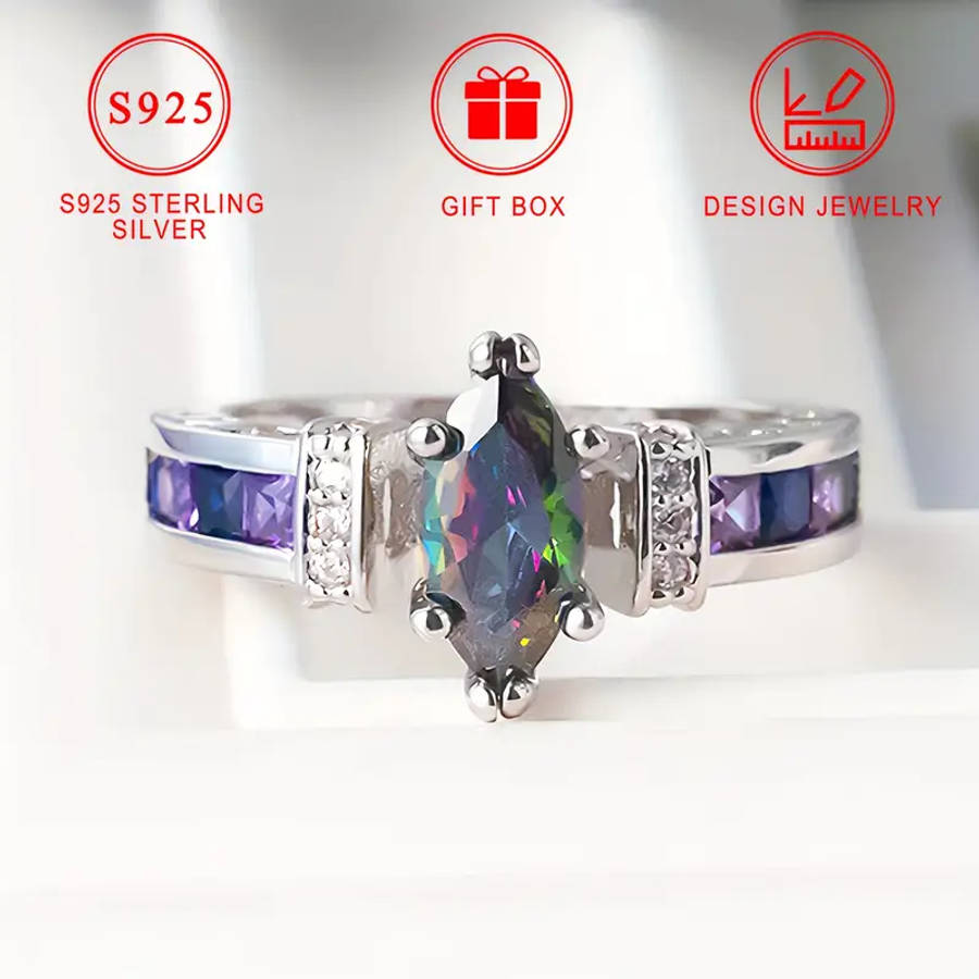 Colored Synthetic Zirconia Ring in Horse Eye Shape S925 Silver