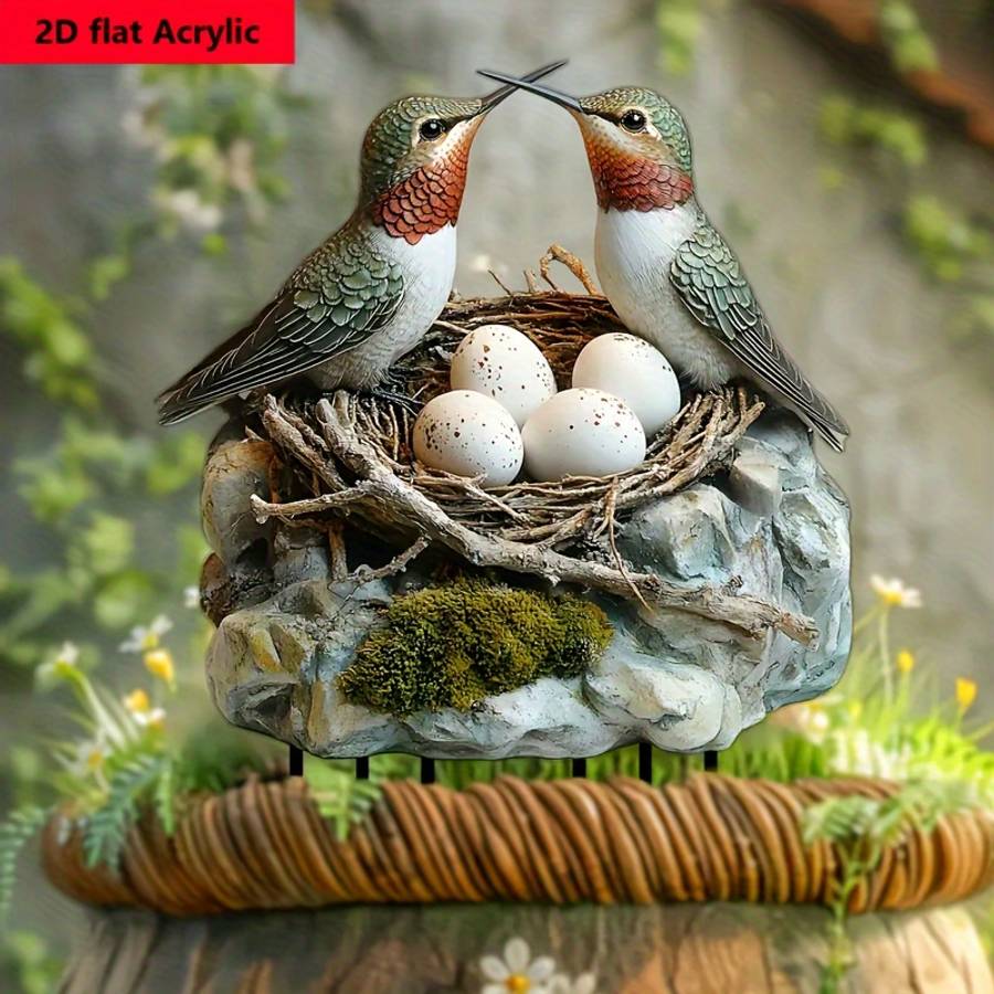 1pc 2D Flat Charming  Acrylic Hummingbird Garden Stake with Lifelike Birds Eggs Rustic Outdoor D