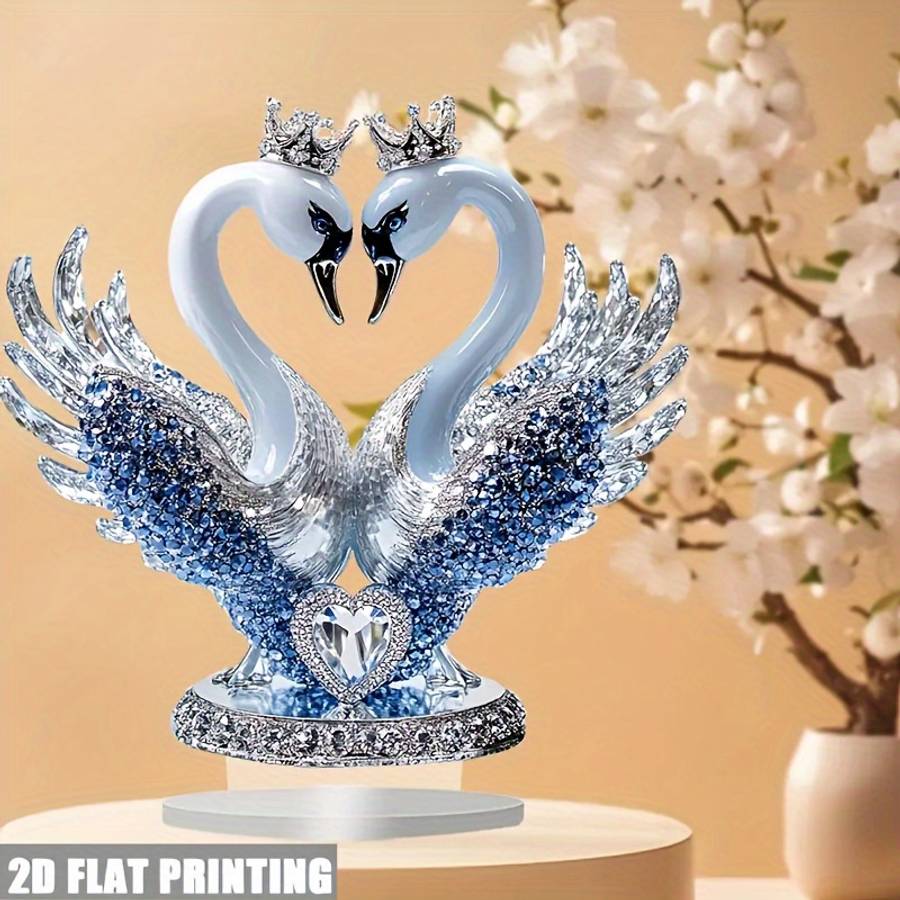 1pc 2D Flat   Ornate Style Acrylic Swan Statue with Heart Shaped Crown Romantic Desktop Decorat