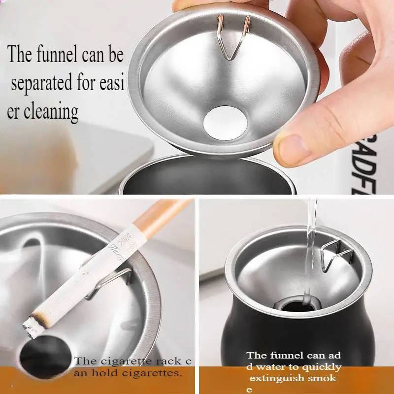 1pc Stainless Steel Ashtray with Lid Skull Pattern Windproof Anti-Fly Ash Creative Funnel Design