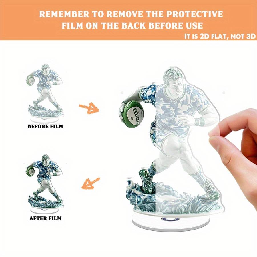 2D Flat Rotating Acrylic Rugby Player Figurine Blue and White Porcelain Style Relax Deskt