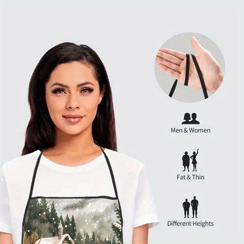 1pc Winter Scene with Deer And Cabin Printed Sleeveless Polyester Apron for Home Kitchen Bak