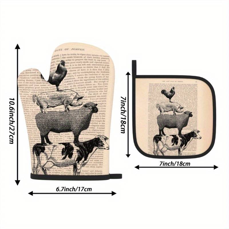 2pcs Vintage Farmhouse Kitchen Set 26.92x17.02 cm Oven Mitts Pot Holders with Chicken Pig