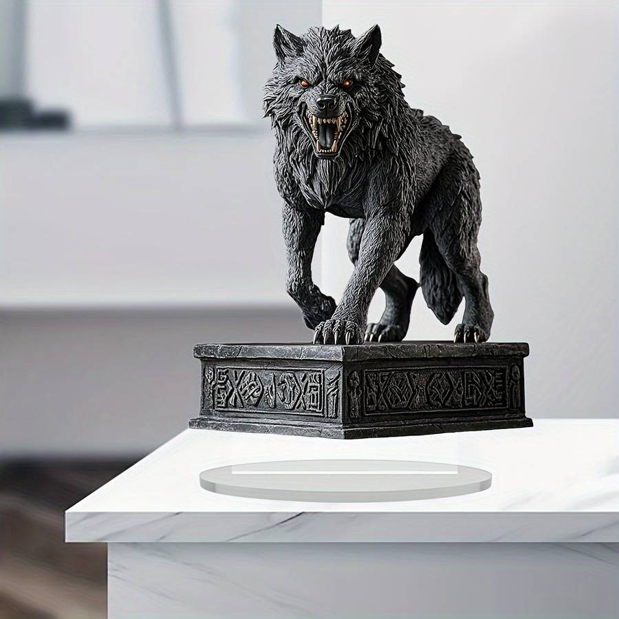 1pc 2D Flat   Bohemian Acrylic Wolf Sculpture Fierce Wolf Head Design with Ornate Base Dark De