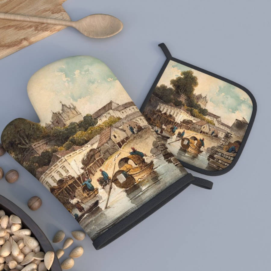2pcs Heat-Resistant Oven Mitts with Charming Small Town Life Design 26.92x17.02 cm Polyester