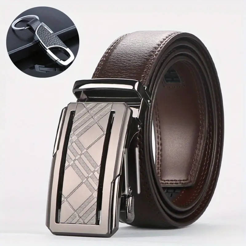 1-Piece Men's Genuine Leather Ratchet Belt Set Brown 115cm