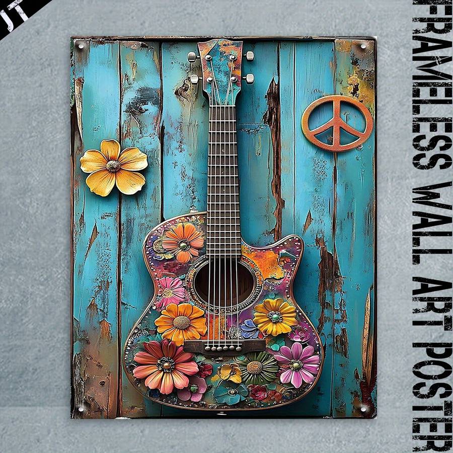 2D Flat  20.32x25.4cm Frameless Guitar Wall Art Retro Wall Decor for Bar Cafe Restaurant Ho