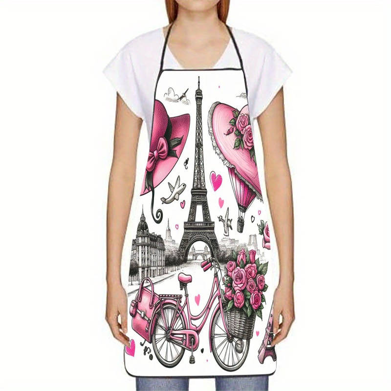 1pc Paris Theme Sleeveless Polyester Apron with Pink Accents Romantic Eiffel Tower Vintage B
