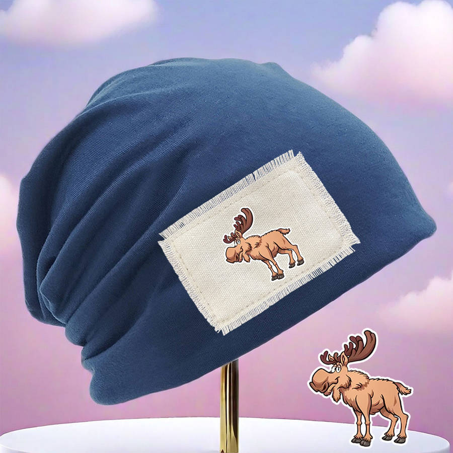 Cozy Moose Print Beanie Hat Unisex Stretch Fit Lightweight Washable Brown With White Pat