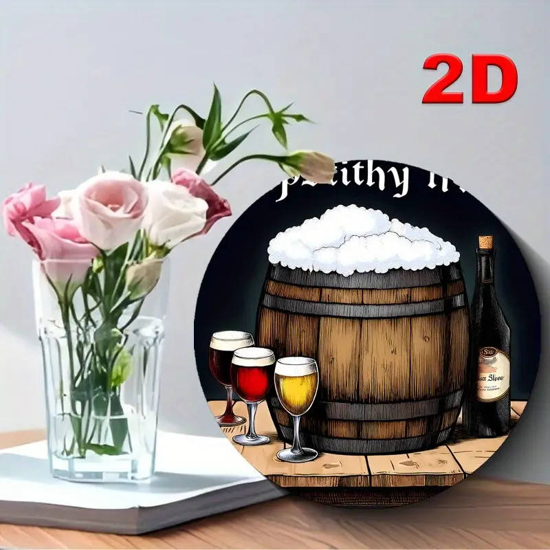 1pc Vintage Beer Barrel Scene Round Aluminum Sign 19.81cm Diameter Pre-Drilled Easy to Hang Durable