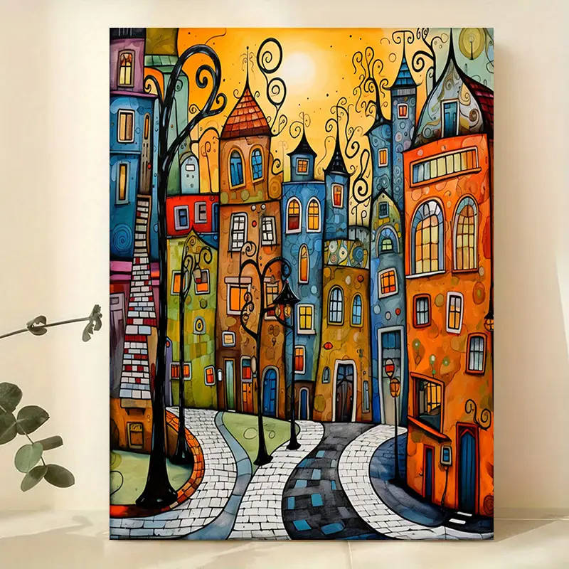 1pc Vibrant Frameless Canvas Art Print Whimsical Street Scene with Colorful Buildings Ideal for Fest
